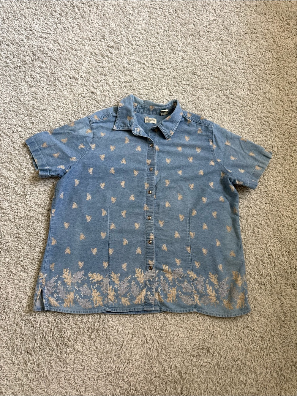 Classic Elements Button Down Denim Shirt Short Sleeve Leaf Pattern Size 16/18